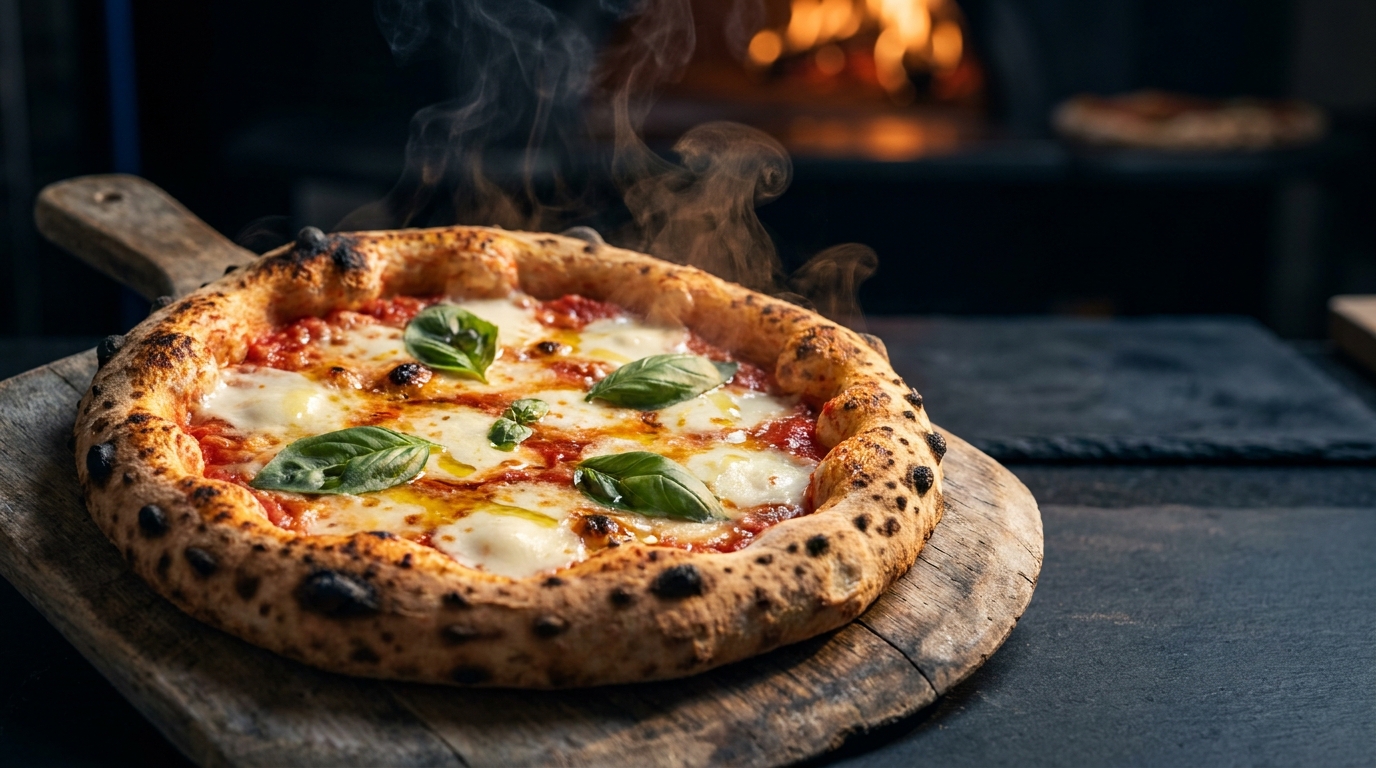Pizza Margherita napoletana appena uscita dal forno a legna